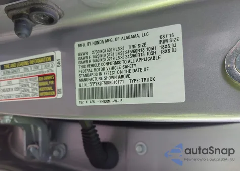 2019 Honda Ridgeline Rtl-E from USA, damaged, VIN 5FPYK3F78KB016171